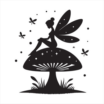 Fairy sitting on mushroom with fireflies vector silhouette line art concept logo design idea illustration