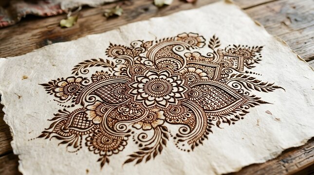 Intricate brown henna mandala design featuring detailed floral patterns and traditional paisley swirls on transparent background