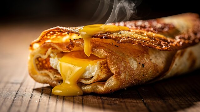 Golden grilled cheese sandwich with melted cheese pull.
