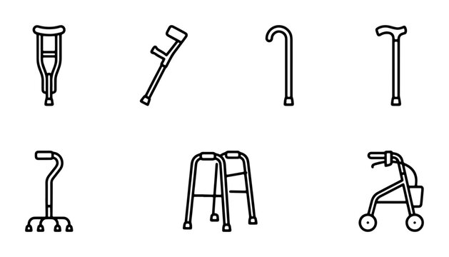 Mobility Aids Collection: Crutches, Canes, Walkers, and Rollators Vector Icons for Healthcare and Accessibility