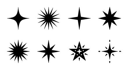 Obraz premium Sparkle Starburst Icons Set: Black Glittering Star Shapes, Festive Celebration Elements, Shiny Twinkle Graphics