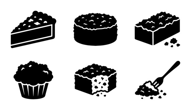 Dessert Icons: Cake Slice, Round Cake, Loaf, Muffin, Crumble Bites, Fork with Crumbs, Black & White Vector Graphics