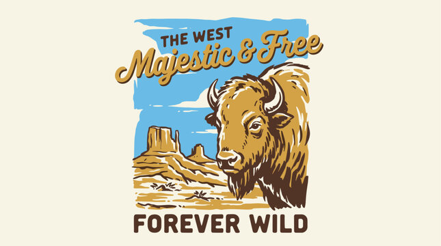 The West Majestic and Free. Forever wild bison vintage print design for t shirt. Desert adventure. Western landscape graphic.