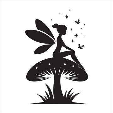 Fairy sitting on mushroom with fireflies vector silhouette line art concept logo design idea illustration
