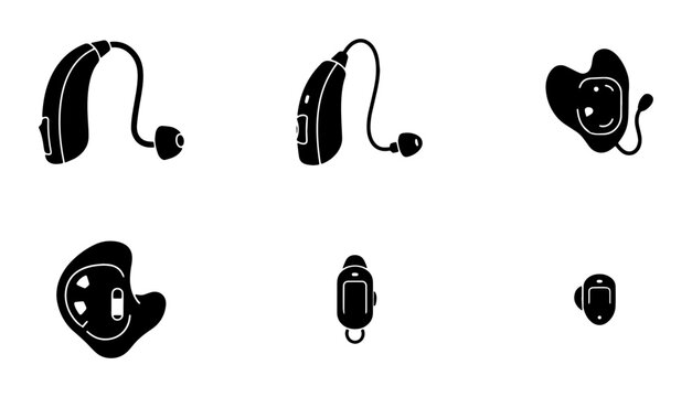 Hearing Aid Icons Set: BTE, ITE, CIC, RIC, Cochlear Implants, Digital Devices