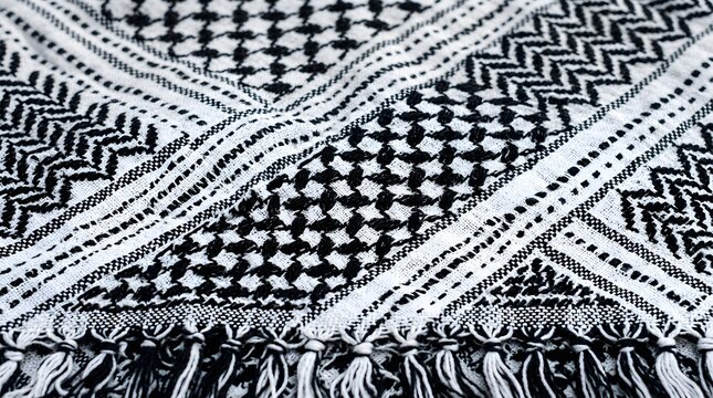 Detailed view of a traditional black and white keffiyeh scarf fabric texture on transparent background