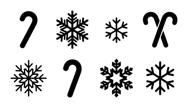 Christmas Candy Cane and Snowflake Icons, Festive Winter Holiday Vector Set, Black and White Seasonal Graphic Elements