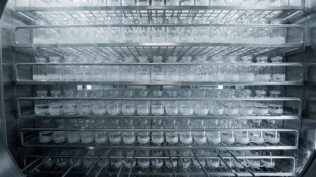 Commercialscale freeze dryer interior with rows of nested trays holding clear vials capturing the lyophilization icesublimation phase in sterile pharmaceutical production.