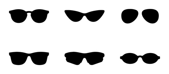 Six Black Silhouette Sunglasses Icons, Various Styles, Vector Set for Fashion and Summer Themes © Mahfuz