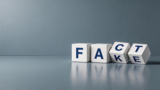 White wooden blocks spelling the word FAKE in blue letters on a grey background, symbolizing misinformation, fake news, lies, and deception concepts.