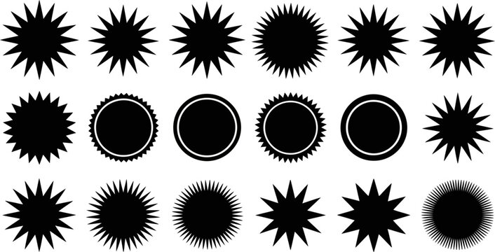 Assortment of black starburst and circular badge shapes on white background icon