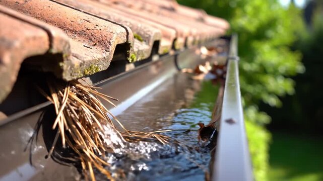Residential roof gutter with dry autumn leaves.
