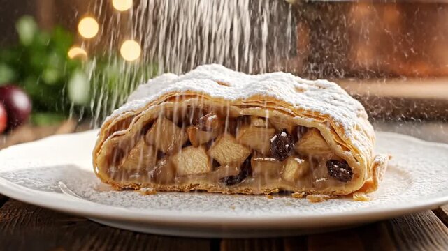 Warm apple strudel slice with steam on plate.