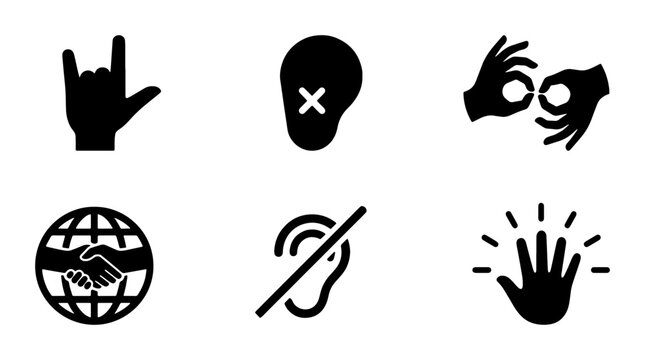Communication Icons: Sign Language, Hearing Impaired, Global Connection, Rock On Hand Gesture, High Five