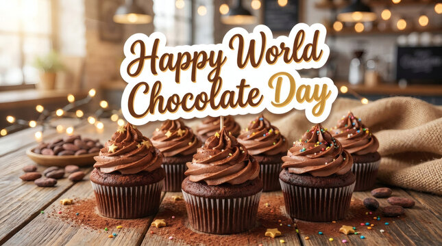 World Chocolate Day poster featuring delicious chocolate cupcakes with creamy frosting on a rustic wooden table in a cozy cafe