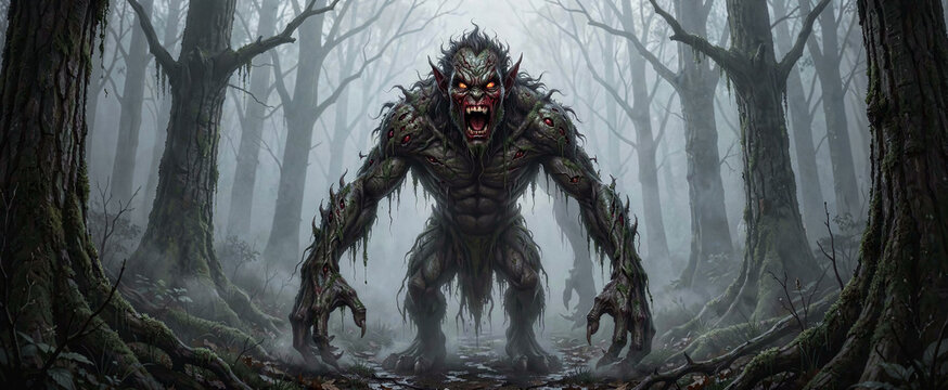 Scary Monster in Foggy Forest
