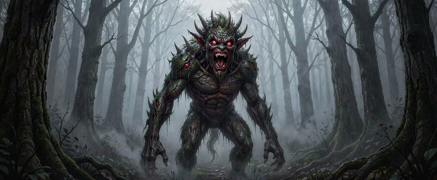Scary Monster in Foggy Forest