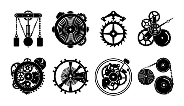Mechanical Gears and Clockwork Mechanisms, Vintage Industrial Machine Parts, Retro Engineering Components, Set of 8 Vector Icons