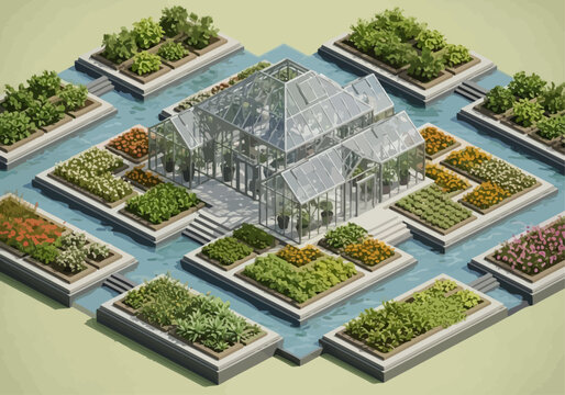 A symmetrical isometric view of a greenhouse surrounded by meticulously organized garden plots and water features.