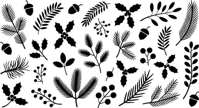 Black Silhouette Christmas Botanical Elements and Acorns Collection holly berries