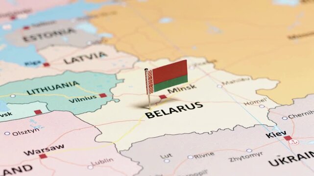 Belarus flag pin marked on an animated 3D map of Eastern Europe