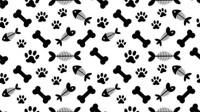 Black Silhouette Pattern of Dog Bones, Fish Skeletons, and Paws paw print