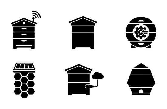 Modern Beehive Icons Set, Smart Apiary Technology, Honey Production Symbols, Vector Graphics