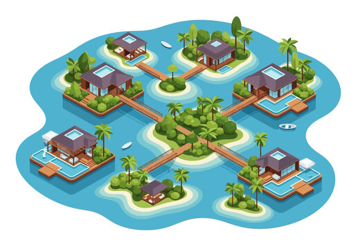 Aerial view of a tropical island resort with overwater bungalows connected by bridges.