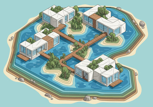 Modern eco-friendly island resort with interconnected buildings and lush greenery.