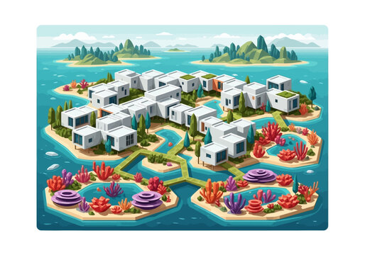 Modern minimalist resort complex with white cube-shaped buildings nestled on small islands surrounded by turquoise water and vibrant coral reefs.