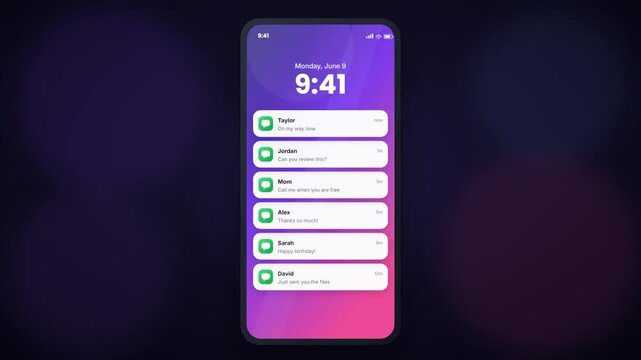 Smartphone displaying message notifications on lock screen with purple gradient 3D animation