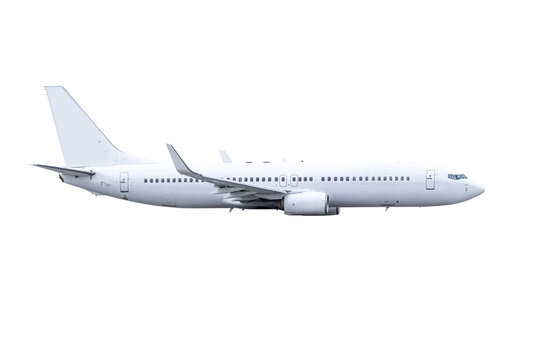 Modern white passenger airliner fly isolated