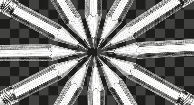 Sharpened pencils arranged in a radial circular pattern, pointing towards a central void, monochrome sketch illustration on a black and white checkered background.
