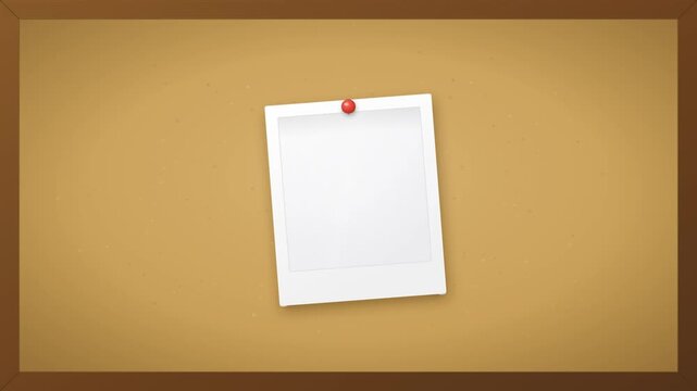 Blank instant photo frame pinned on cork board with red pushpin swinging animation