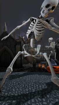 Seamless vertical video of skeletons dancing salsa in a cemetery at night. Funny halloween background.