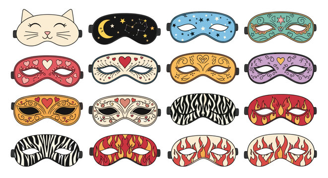 Diverse set of decorative sleep masks with various patterns like animal faces, stars, zebra print, and flame designs.