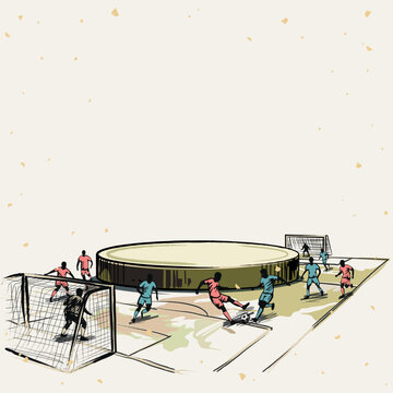 Blank round podium for product presentation at the middle of soccer field with confetti hand drawn childish style on beige square background have blank space.