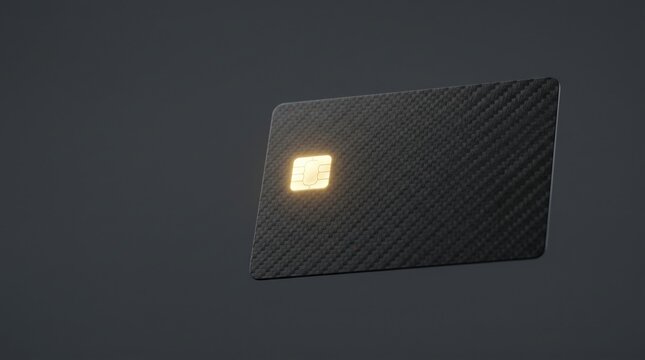 A sleek black credit card with a glowing yellow SIM card chip on a dark gray background, angled to the right, showcasing its textured surface.