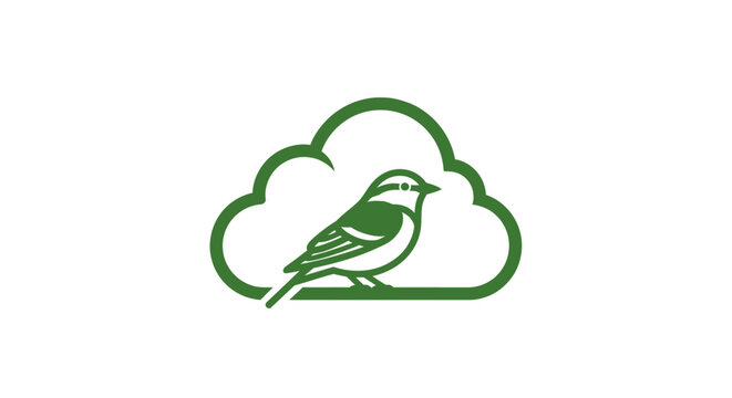 Green bird silhouette inside cloud outline icon.