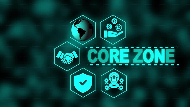 Core zone business strategy concept with digital hexagon and global network