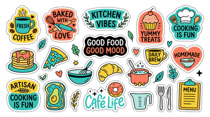 Naklejka premium Big Set of Cute Kitchen & Food Stickers – Good Food Good Mood, Kitchen Vibes, Baked with Love, Cafe Life Vector Badges