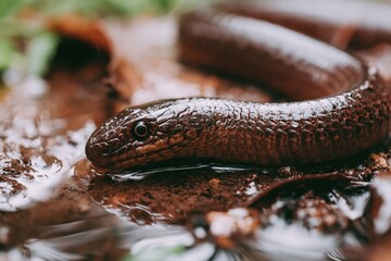 Fototapeta premium Extreme close-up of a brown snake's head emerging from shallow water, showcasing scales and eye detail.