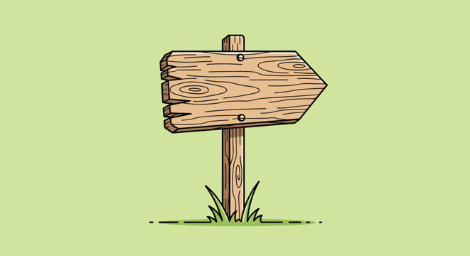 Rustic wooden signpost in the shape of an arrow stands in a patch of green grass against a light green background for directional use.