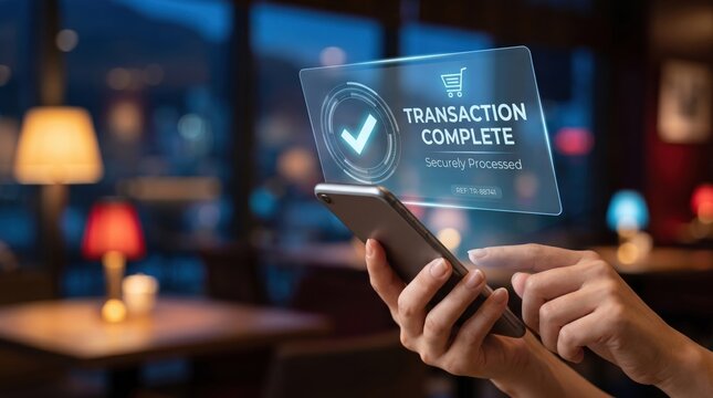 Mobile payment transaction complete confirmation on smartphone screen with secure processing notification, online shopping and e-commerce banking concept.
