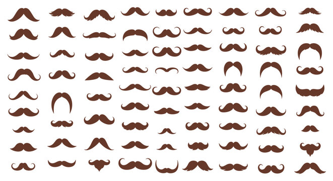 Diverse collection of brown mustache styles and facial hair designs ranging from classic to modern for character creation.