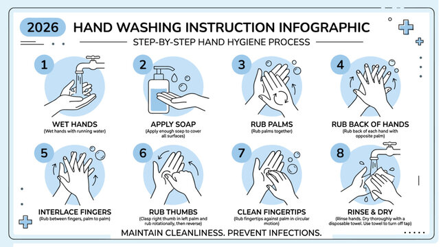 2026 Hand Washing Instruction Infographic, 8-Step Hand Hygiene Process Guide, Step-by-Step Vector Illustration for Proper Handwashing