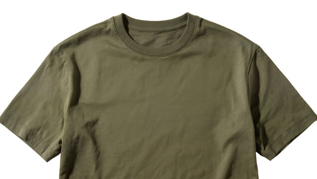 Olive green textured t-shirt with crew neck, isolated on transparent background