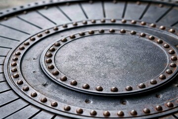 Fototapeta premium Close-up detailed texture of a weathered, riveted metal circular pattern with concentric rings and radiating lines.