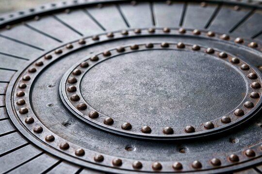 Close-up detailed texture of a weathered, riveted metal circular pattern with concentric rings and radiating lines.