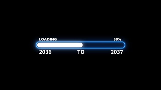 Futuristic loading bar progress animation: 2036 to 2037 transition